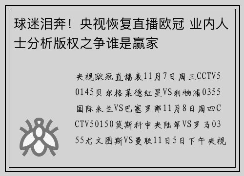 球迷泪奔！央视恢复直播欧冠 业内人士分析版权之争谁是赢家